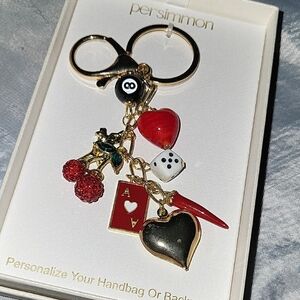 Persimmon 8 Ball, Ace Of Hearts. Cherries, Heart, Dice, Horn Charm Keychain Ta